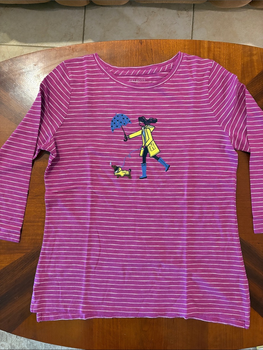 Talbots Women’s Berry Striped 3/4-Sleeve Tee with Rainy Walk Graphic